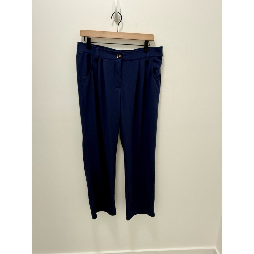 Halara Navy Blue Pleated Textured Waffle Knit Trousers Elastic Back Waist Large
